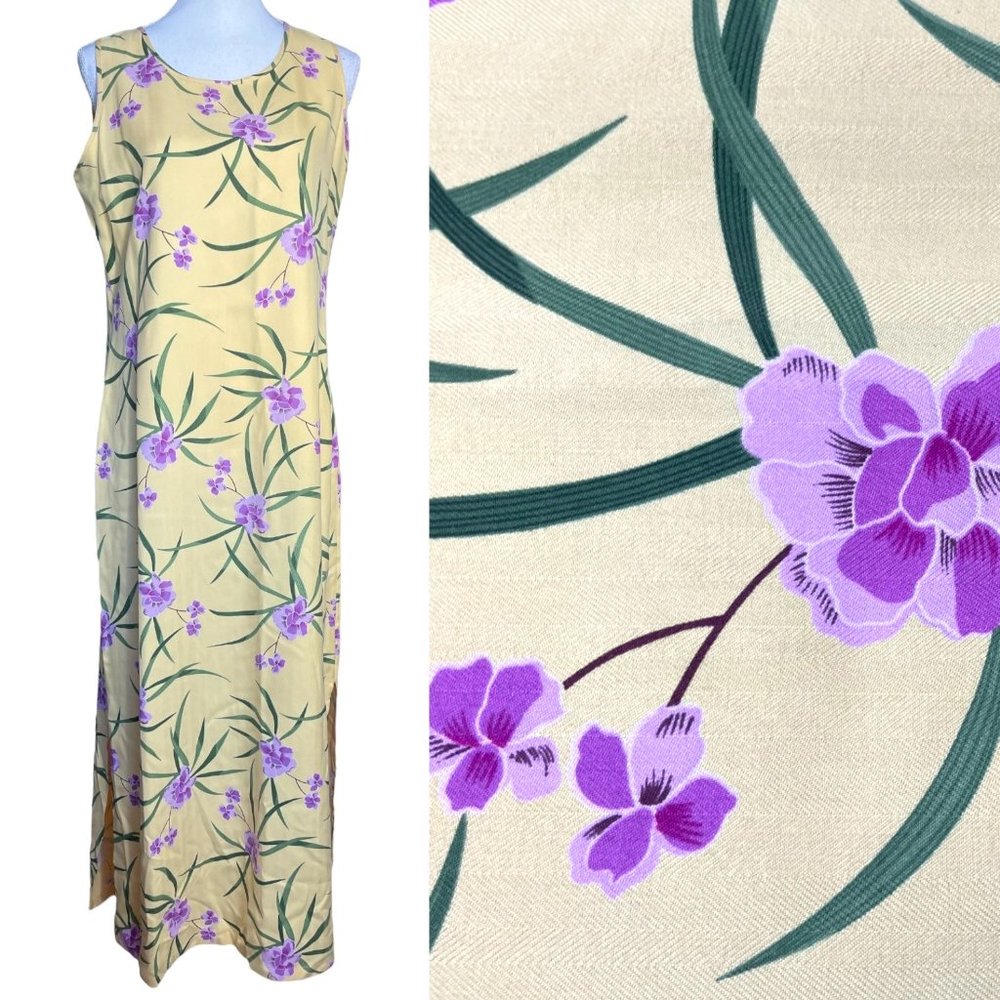 100% Silk Floral Maxi Dress 10 Sleeveless Side Slit Keyhole Long Straight Shift